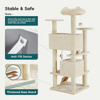 DUMOS 54-inch Indoor Cat Tree Tower –Multi-Level Pet House for Large Cats with 2 Condos, Scratching Posts, Round Platform, Small Ladder, and Toys, Beige