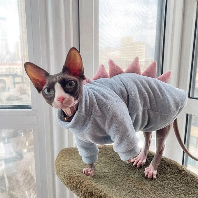 Dinosaur Sphynx Cat Clothes, Soft Polar Fleece Sweater for Cat, Elastic Pet Clothes Thick Winter Warm Outfit for Hairless Cat, Devon, Cornish, Small Dogs Apparel with Sleeves (Sky Blue, Large)