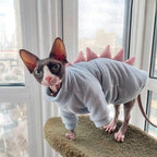Dinosaur Sphynx Cat Clothes, Soft Polar Fleece Sweater for Cat, Elastic Pet Clothes Thick Winter Warm Outfit for Hairless Cat, Devon, Cornish, Small Dogs Apparel with Sleeves (Sky Blue, Small)