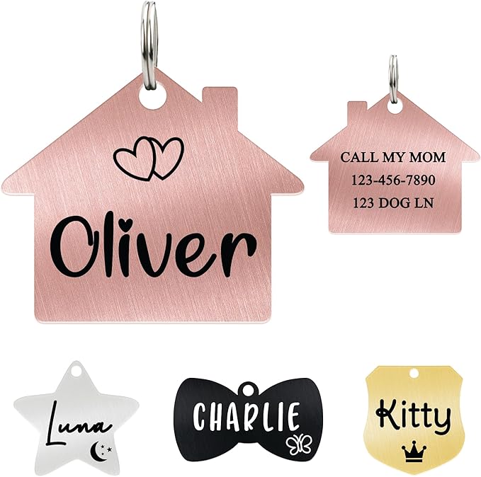 Ultra Joys Cat ID Tag Personalized Pet Tags, Durable Stainless Steel Small Pet Mini Dog Cat Tag Lightweight - House Tag in Rose Gold