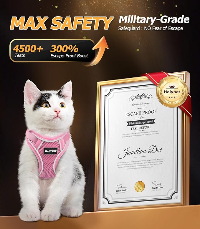 Halypet Cat Harness and Leash Set [MAX Safety 4th-Gen Upgrade] Escape Proof Adjustable Cat Leash Comfortable Soft Vest Easy to Wear Kitten Harness with Reflective Strip for Cats Walking, S Pink