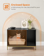 Feandrea Cat Litter Box Enclosure, Hidden Litter Box Furniture with Scratch Pad, Front Entry, Double Cabinet Doors, Modern Style, 31.5" Cat House Washroom Side End Table, Black and Gold