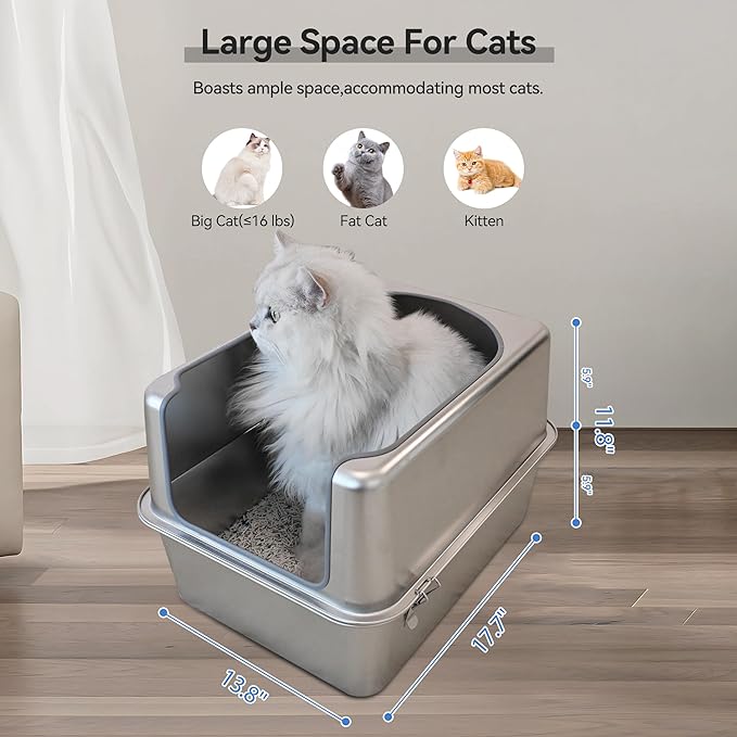 Stainless Steel Litter Box with Metal Lid and Scoop - Enclosed Metal Litter Box for Large Cats, Rust-Resistant, Odor-Control, Easy to Clean, Durable & Long-Lasting with Round Edge (L)