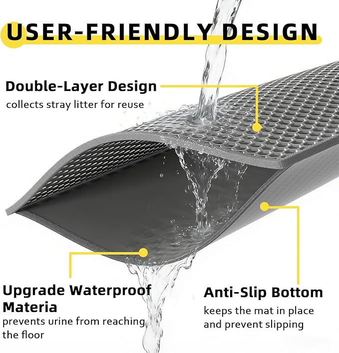 Cat Litter Mat, 30"X24" Large Double Layer Litter Trapping Mat, Waterproof/UrineProof, Easy to Clean Kitty Litter Mats for Floor, Scatter Control(Grey-2Pack)
