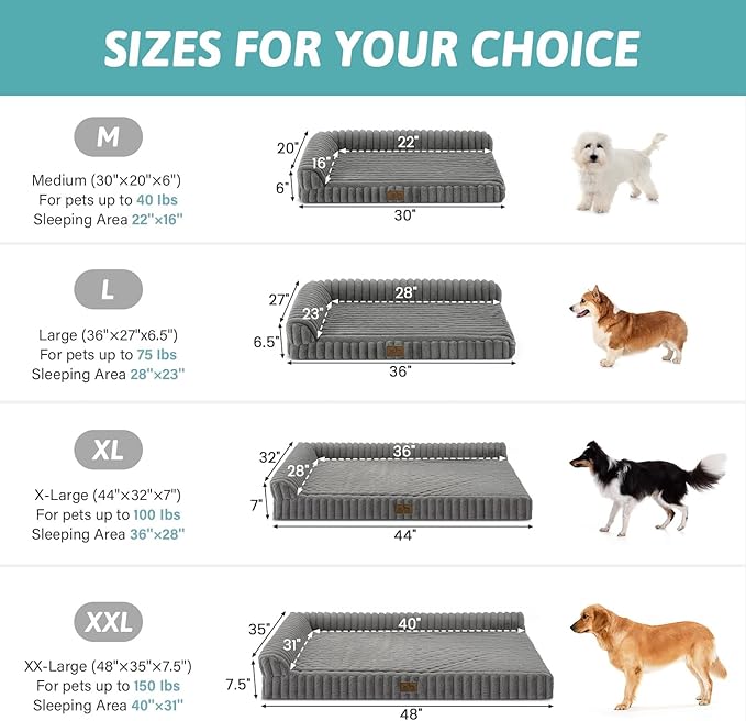Cute Dog Bed, Faux Rabbit Fur Orthopedic Foam Dog Bed with Sides, Removable Washable Cover & Waterproof Lining, Comfortable Pet Couch for Extra Large Dogs, Grey (48" L x 35" W x 7.5" Th)