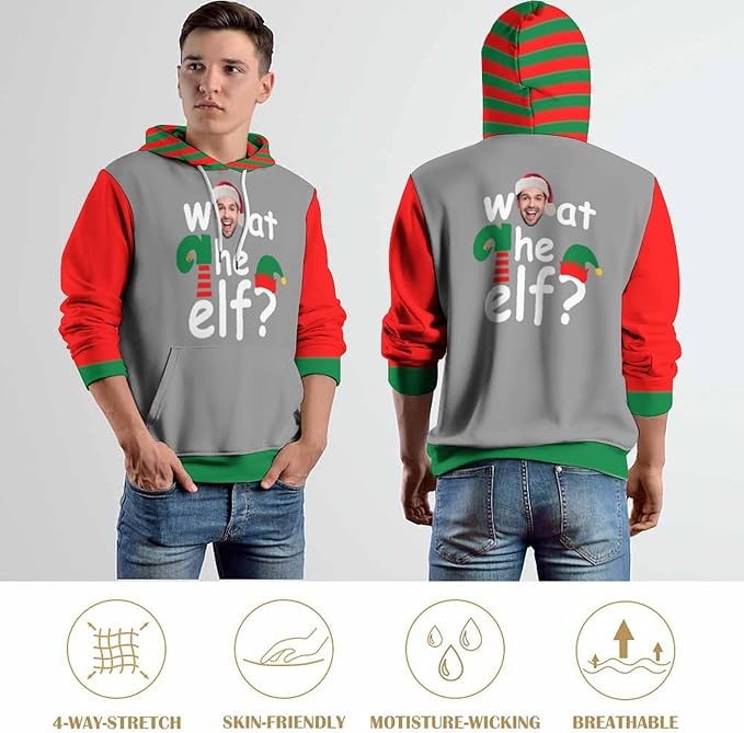 Artsadd Custom Face Unisex athletic Pockets Sweatshirt Loose Hoodie Custom Christmas Long Sleeve Sweatshirt Hooded Pullover