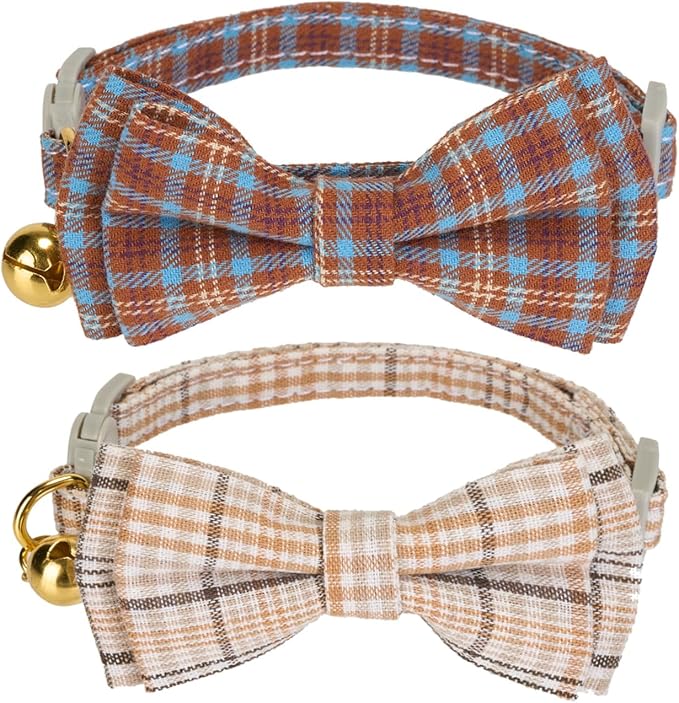 2 Pack Soft Cotton Cat Collars with Bowtie and Bell Breakaway Plaid Cat Kitten Collar(Beige and Amber)
