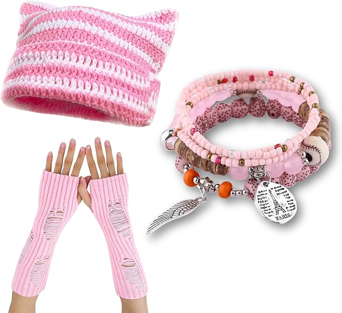 CORIRESHA Therian Emo Clothing Cat Ear Y2k Beanie Grunge Fingerless Gloves Bohemian Stacked Bracelets Set