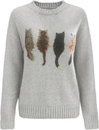 WDIRARA Women's Cat Graphic Sweater Long Sleeve Crew Neck Knit Tops Casual Knitwear