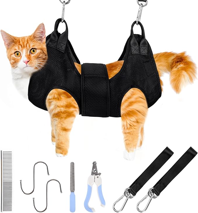 PatiencET Cat Grooming Hammock Pet Hammock Cat Nail Clipper Hammock for Nail Trimming Dog Sling for Nail Clipping Dog Hanging Harness (Black XS)