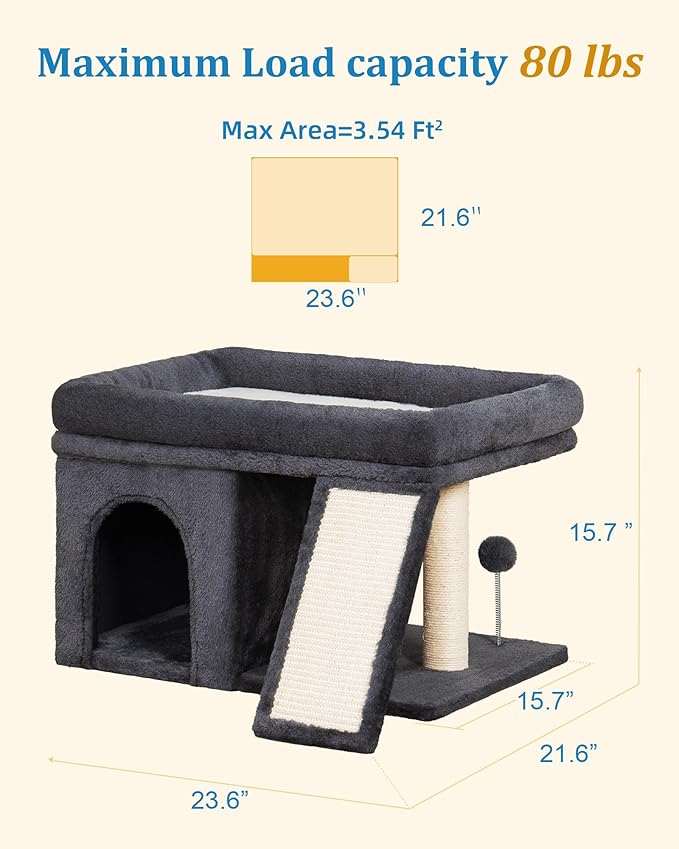 XL Cat Tree Tower for Large Adult Cats 20 lbs+, 25in Perch Bed, Condo Cave for Indoor Medium Kittens, 2 Scratchers, Extra Large Platform