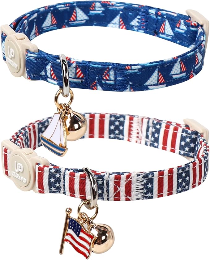4th 0f July Cat Collar,2Pack Patriotic Day Kitten Collars Cute Flag Breakaway Kitty Collars,Summer Baseball Blue Cat Collar with Bell, for Girl & Boy Cats