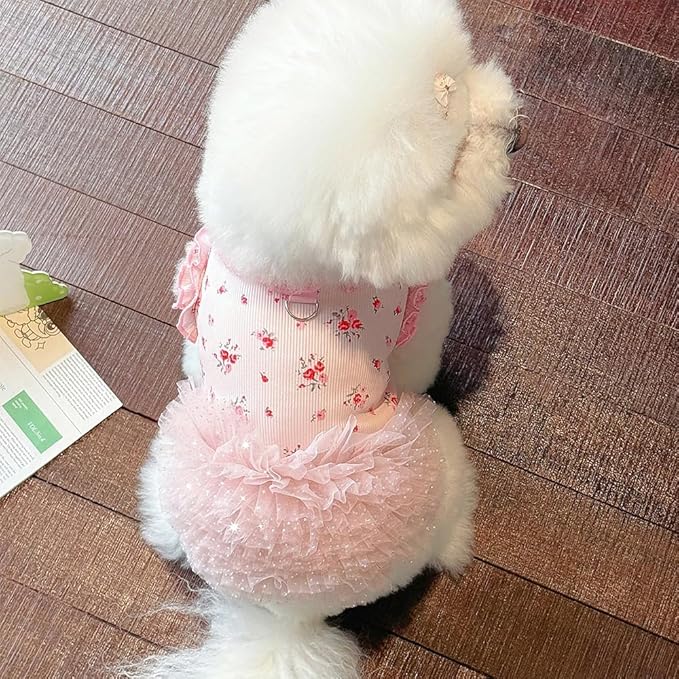 Floral Puppy Dress with D-Ring Ruffled Small Dog Clothes Female Spring Cat Outfit Sleeveless Pet Princess Skirt Cute Dogs Tutu Dresses (Pink, X-Large)