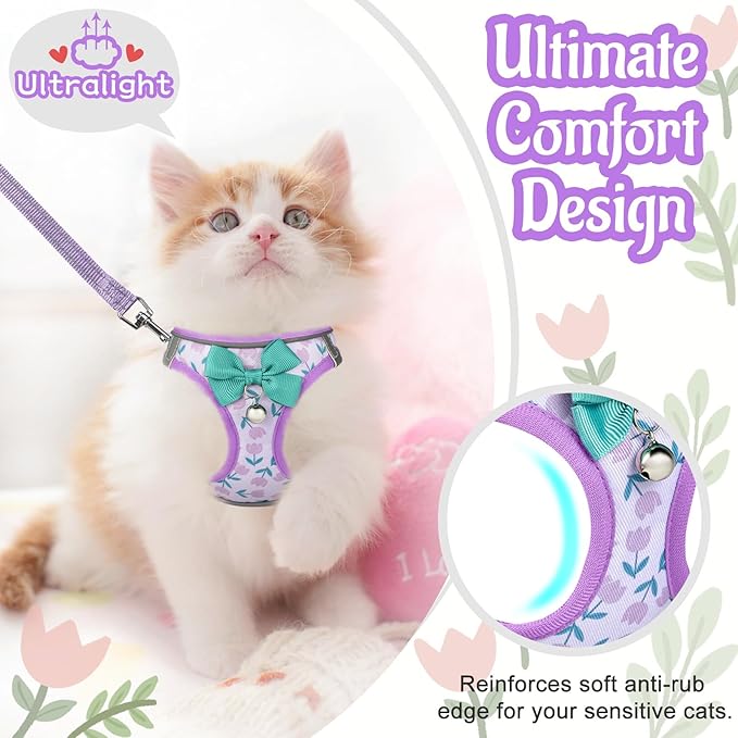 Cat Harness and Leash Escape Proof for Walking, Adjustable Soft Kitten Harness with Reflective Straps Step in Cat Vest Harness for Small Kitten and XS Dogs (Purple, S-Chest(11.8"-13.7"))