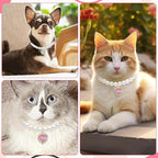 2PCS Kitten Collars Pearl Cat Dog Collar with Small Heart Shape Rhinestone, Cat Collars for Girl Cats, Adjustable Dog Pearl Necklace Collar for Small Dogs and Cats, Pink + Green