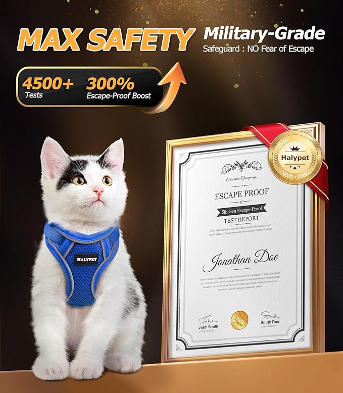Halypet Cat Harness and Leash Set [MAX Safety 4th-Gen Upgrade] Escape Proof Adjustable Cat Leash Comfortable Soft Vest Easy to Wear Kitten Harness with Reflective Strip for Cats Walking, M Blue