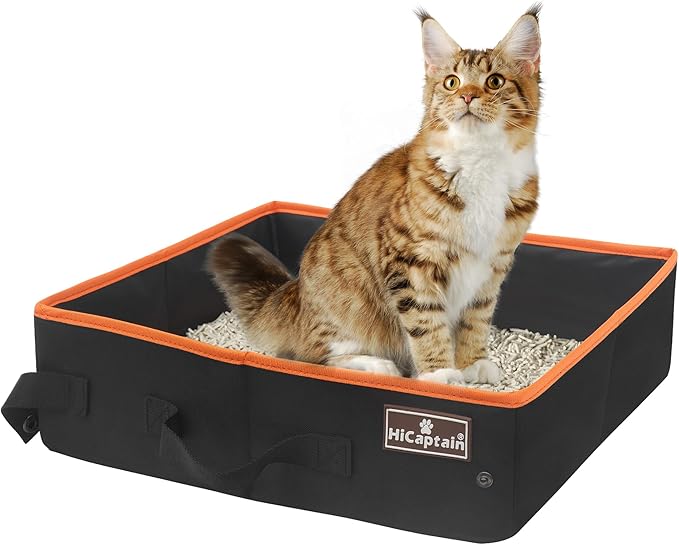 HiCaptain Portable Cat Travel Litter Box, Collapsible Cat Litter Carrier Tray, Waterproof Litter Box for Outdoor Fit Medium Cats and Kitties, Leak-Proof, Sturdy, Lightweight-Black