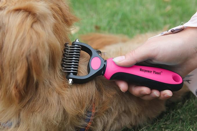 Maxpower Planet Pet Grooming Brush - Double Sided Undercoat Rake for Dogs & Cats, Extra Wide Brush to Reduce Shedding by 95% (Pink, S)