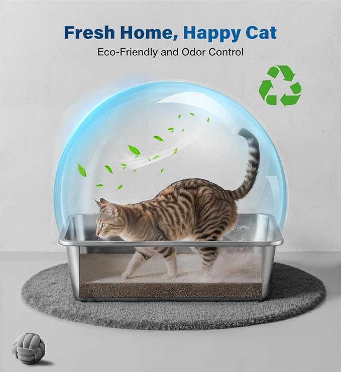 Stainless Steel Metal Litter Box with Handle, Extra Large Cat Litter Box with High Sides, Odor-Free, Non-Stick, Easy to Clean, 23.4"×15.6"×7.8", Ideal for Large Cats & Multi-Cat Households