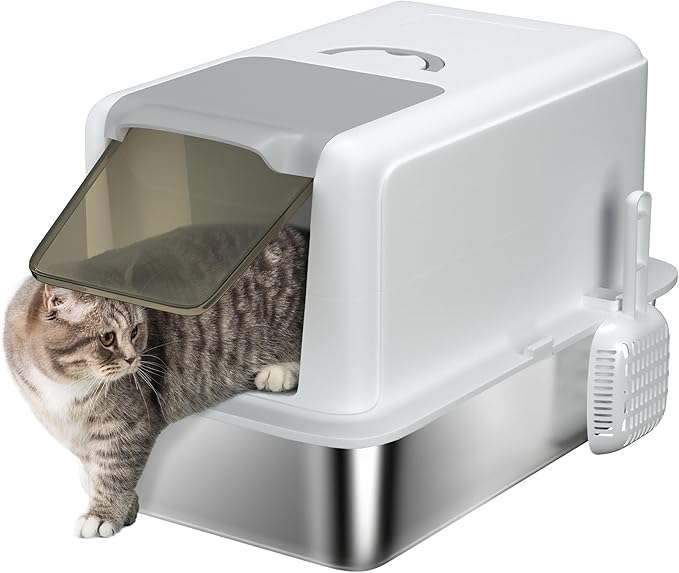 PawHut Stainless Steel Cat Litter Box, Extra Large 2 in 1 Metal Kitty Litter Pan with High Enclosure, Removable Lid & Scoop, Filter Bags, Easy to Clean, for Small to Large Kittens, White