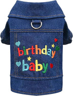 Dog Jean Jacket with D-Ring Blue Denim Coat Dogs Outfits for Small Dogs Cats Boy Male Girl Birthday Clothes Costume Letter Embroidery Dogggie Puppy Winter Warm Clothes(Birthday Baby,XS)