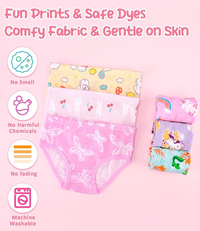 Girls and Toddlers 100% Cotton Underwear Tagless Soft Panties Size 2-3T,4-5T,6,8,10,12 (6-Pack)