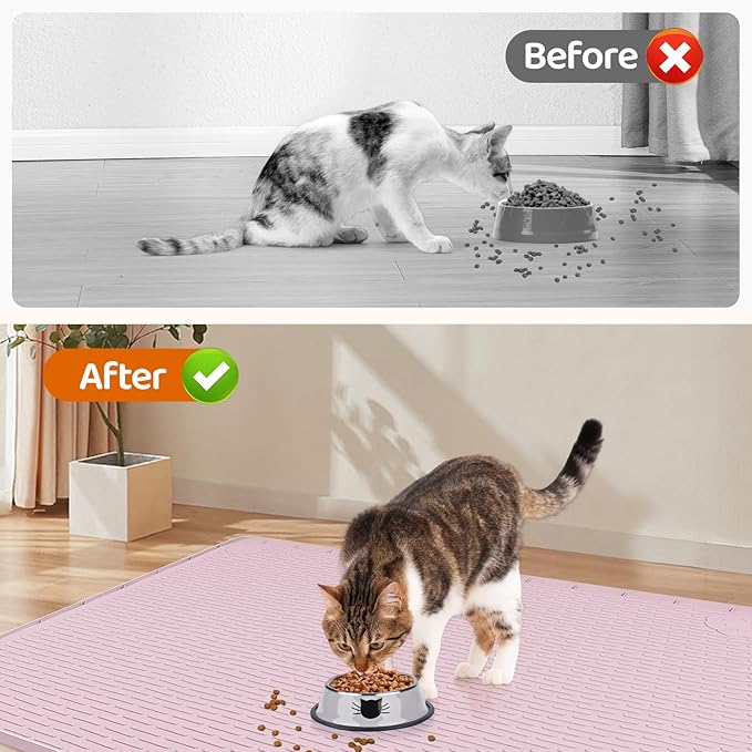 Cat Food Mat, 40" x 28" Extra Large Silicone Pet Feeding Mat with Raised Edge Pet Placemat for Food and Water Bowl Non-Slip, Easy to Clean, Floor Protection (Pink)