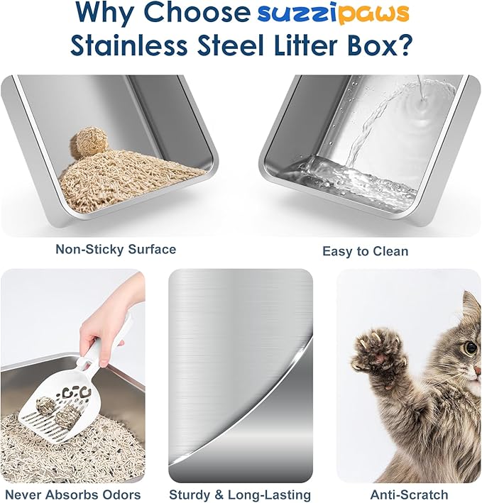Stainless Steel Litter Box with Lid, Sifting Litter Box for Pine Pellets, 17.3”×13.4”×10.5” Enclosed Metal Litter Boxes for Small Cats & Kittens, High Sided Anti-Leakage, Easy Cleaning, Less Tracking