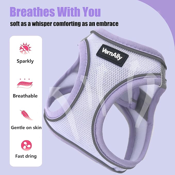 Sparkly Dog Harness Small Sized and Leash Set for Small Dogs Cats,Purple S Puppy Harness, Step in Soft Dog Reflective Vest, Breathable Mesh Pet Harness. (Purple, M)
