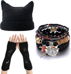CORIRESHA Therian Emo Clothing Cat Ear Y2k Beanie Grunge Fingerless Gloves Bohemian Stacked Bracelets Set