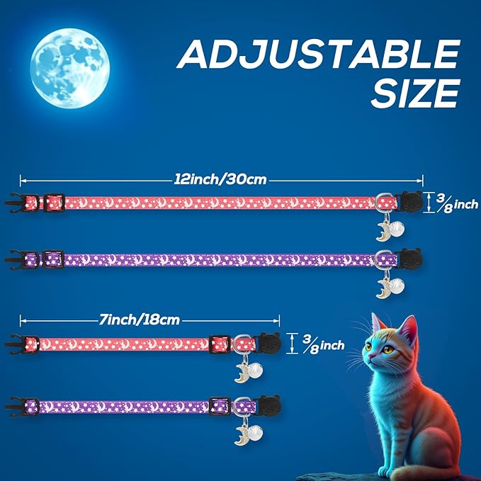 4 PCS Breakaway Cat Collars with Bell Moons Stars,Kitten Collar and Adjustable with Pendant Glow,Cute Kitty Collar for Girl Boy Cats,Pet Gifts,Accessories(4 Colors)