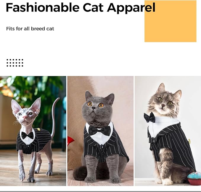 DENTRUN Cat Tuxedo Outfit, Sphynx Cat Costume Formal Suit with Bow Tie, Stylish Cat Shirt Fashion Apparel Fancy Clothes, Kitten Formal Attire Wedding Onesie Costume for Cats Only