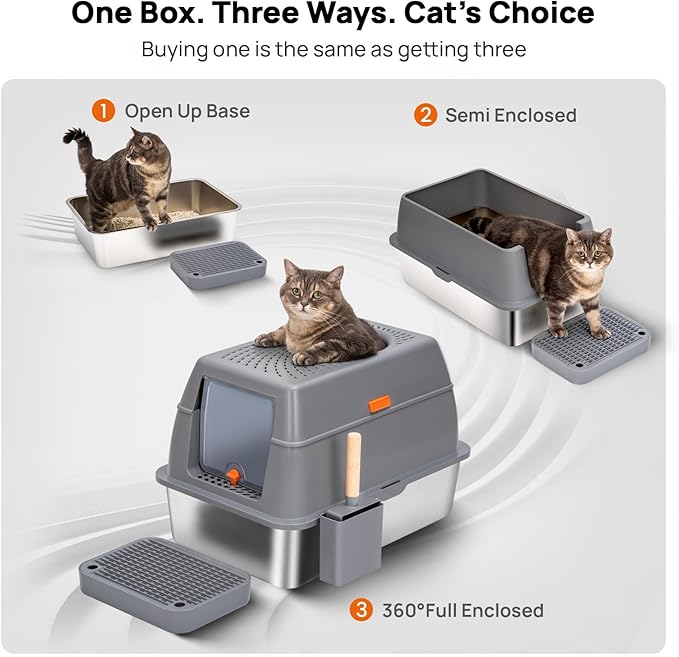 Stainless Steel Litter Box with Lid, SUS304 Metal Cat Litter Boxes, Enclosed Extra Large Kitty LitterBox High Wall, Jumbo Cat Toilet with Triple Pedal, Non-Sticky, Anti-Leakage (XL Grey)