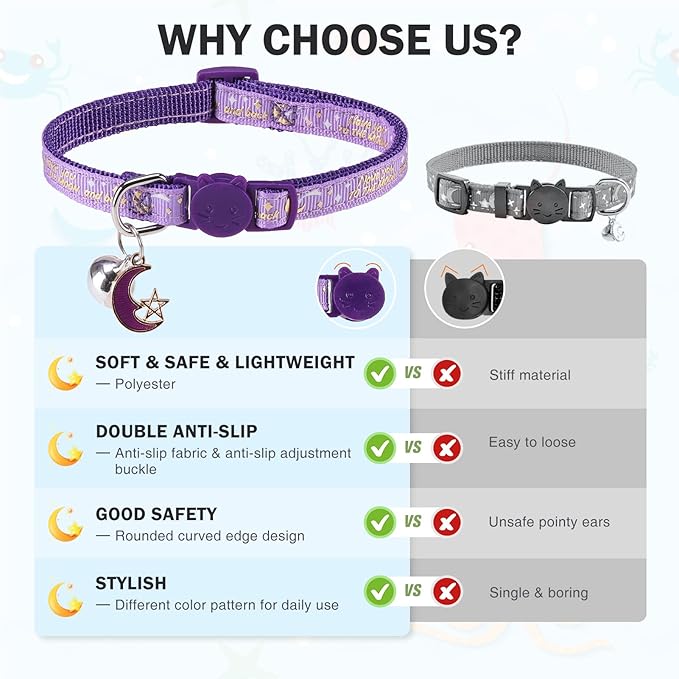 Cat Collar with Bells Breakaway, 3 Pack Moon and Star Cat Collar Reflective, Cute Kitten Collars with Pendant Glow in The Dark for Girl Boy Cats, 8"-12" Adjustable Safe Dog Puppy Kitty Collar