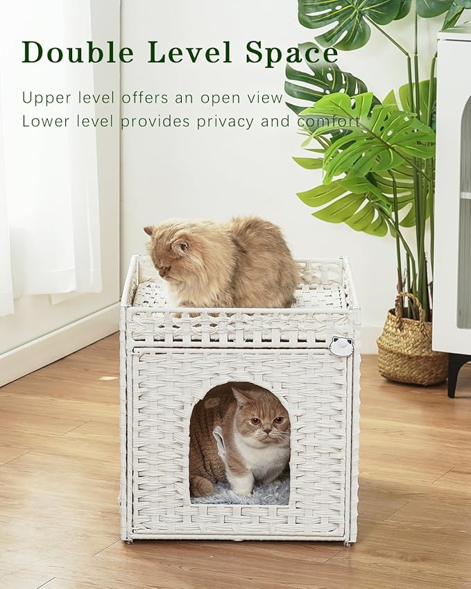 Cat Beds for Indoor Cats Extra Large Double Cat Cave Pet Cube, Handwoven Rattan Cat Houses with Double-Sided Soft Cushions, 18.5 x 20.5 x 19.1 Inches Foldable Hideaway in Living Room White