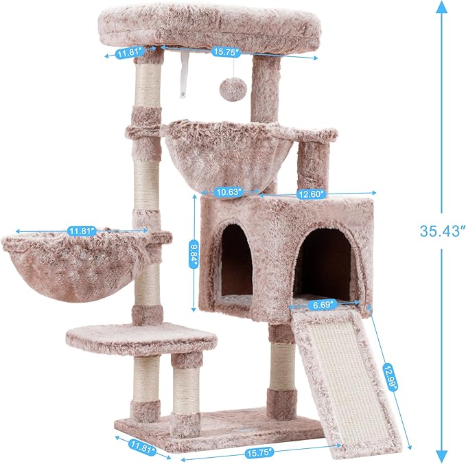 Hey-brother Cat Tree, Cat Tower for Indoor Cats, Cat House with Large Padded Bed, Cozy Condo, Hammocks, Sisal Scratching Posts, Big Scratcher, Muchroom MPJ006SMU
