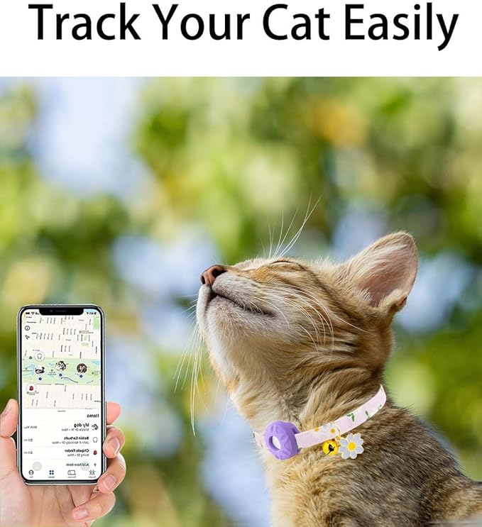 Breakaway Cat Collar with Airtag Holder,Kitten Collar with Apple Air Tag Holder and Bell for Girl Boy Cats, 0.4 Inches in Width and Lightweight. (Purple Daisy)
