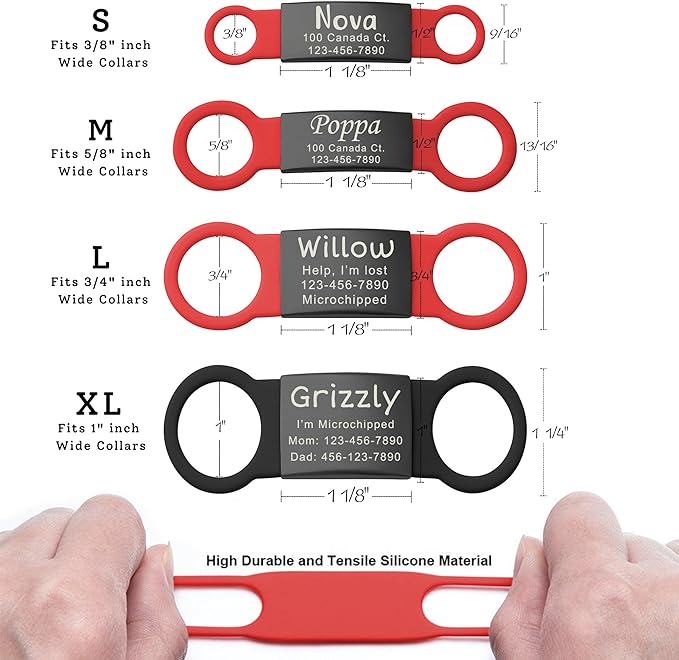Anavia Slide On Silent Pet ID Tags, S/M/L/XL Personalized Black Stainless Steel Colored Silicone Cat Dog Name Tag, Customized Engraved Nameplate, Quiet Chew-Proof Pet Collar Tag (White, Medium)