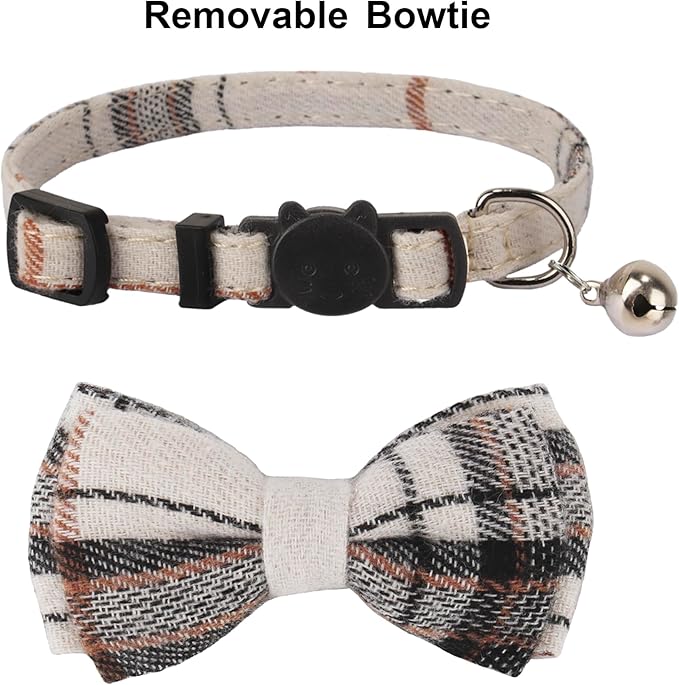 ADOGGYGO Plaid Cat Collars Breakaway with Bow Bell, Removable Bowtie, 2 Pack Beige Blue Plaid Kitten Bow Collar for Cats Kittens