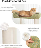 Cat Tree for Large Cat, Modern Senior Friendly Cat Tower with Wide Shelves Low Step, Cotton Scratching Posts, Super Sturdy Base, Cozy Perches, Interactive Toys (Linen Fabric Green 37.4-Inch)