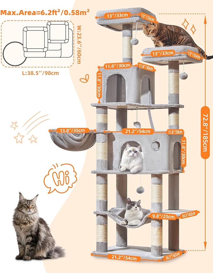 Taoqimiao Large Cat Tree，73-Inch Cat Tree Tower with 9 Scratching Posts for Indoor Cats, 2 Large Cat Condo with Hammock, Hanging Basket, 2 Extended Platform, Light Gray MS013XLW