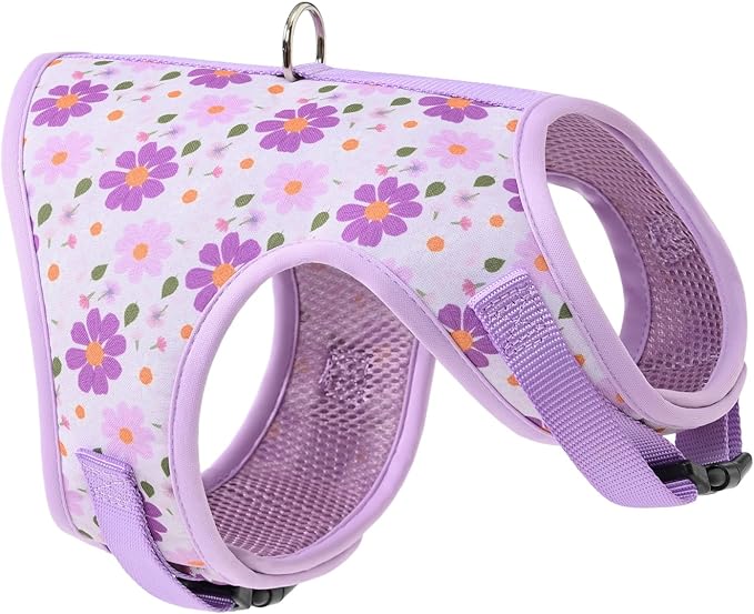 Mile High Life Dog Harness, Air Mesh Floral Vest Harness for 20 lbs Small Dogs & Cats, Easy Get on Adjustable Easy Closures Both Neck and Chest(Purple Flower, M Chest 18"-20")