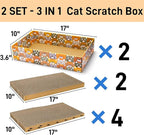 Set of 2 Cat Scratching Boxes, 17x10 in 6 Pcs Corrugated Cardboard Pad with 2 Boxes, Large Cute Reversible Kitty Sofa Bed, Refillable Wave Shaped Lounge, Interactive Kitten Toy for Indoor Cat