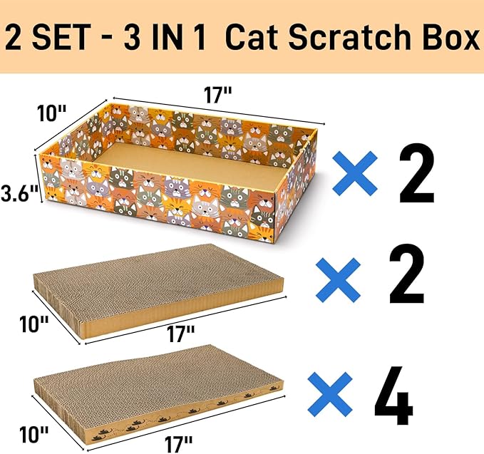 Set of 2 Cat Scratching Boxes, 17x10 in 6 Pcs Corrugated Cardboard Pad with 2 Boxes, Large Cute Reversible Kitty Sofa Bed, Refillable Wave Shaped Lounge, Interactive Kitten Toy for Indoor Cat
