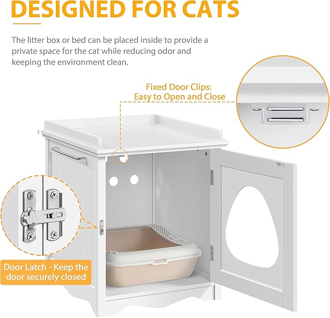 Yaheetech Cat Litter Box Enclosure, Hidden Litter Box Furniture with Side Towel Bar, Wooden Cat Washroom, Storage Cabinet, Indoor Pet House, Side Table Nightstand, White
