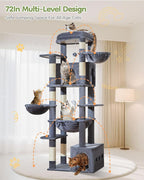 Taoqimiao 72 Inch Cat Tree, XXL Cat Tower for Indoor Cats Large Adult 25Lbs+, Extra-Large Platform, 2 Cat Houses, 7 Scratching Post, Extra-Sized Durable Hammock, Cozy Basket, Smoky Gray, F20G