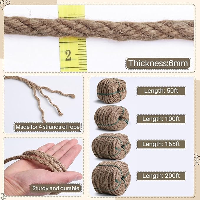 Sisal Rope for Cat Scratcher 1/4" 100 Ft Cat Tree Rope Twine for Repairing Cat Scratching Post Replacement DIY Hemp Rope for Carpet Mat Kicker House, Pet Toy, and Crafts Gardening Home Decorating