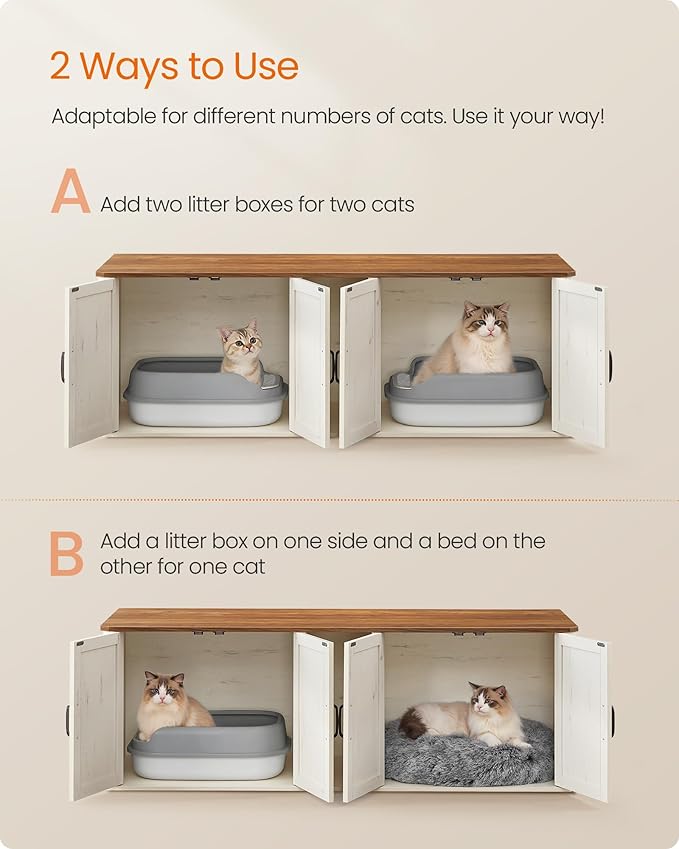 Feandrea Double Cat Litter Box Enclosure, Modern Litter Box Furniture Hidden for 2 Cats, Front Entry, Cat House, Side End Table, TV Stand, 59 x 19 x 19.5 Inches, Honey Brown, Rustic White UPCL010K01