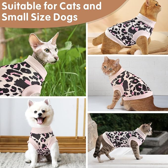 Idepet Cat Clothes Kitten Sweater Soft Kitten Shirt Cute Leopard Print Kitty Vest Pullover Pajamas Jumpsuit Cotton Apparel for Hairless Cats & Puppy (Pink,M)