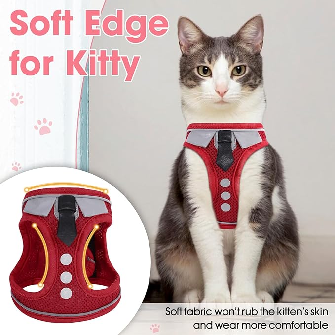 Cat Harness and Leash Set for Walking Escape Proof, Soft Adjustable Kitten Harness Breathable Mesh with Reflective Strips Harness for Kitty Puppy Bunny(Red,XS)